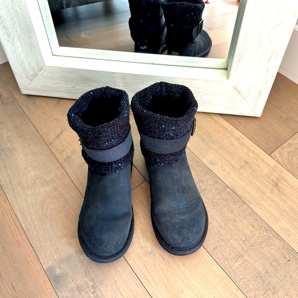 Ugg Boots, Navy suede with knit upper.  Wear knit up or with belt